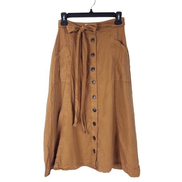 Maeve Anthropologie Button Front A-Line Midi Skirt Tie Waist Windsor Tan Size 0 - Picture 2 of 6